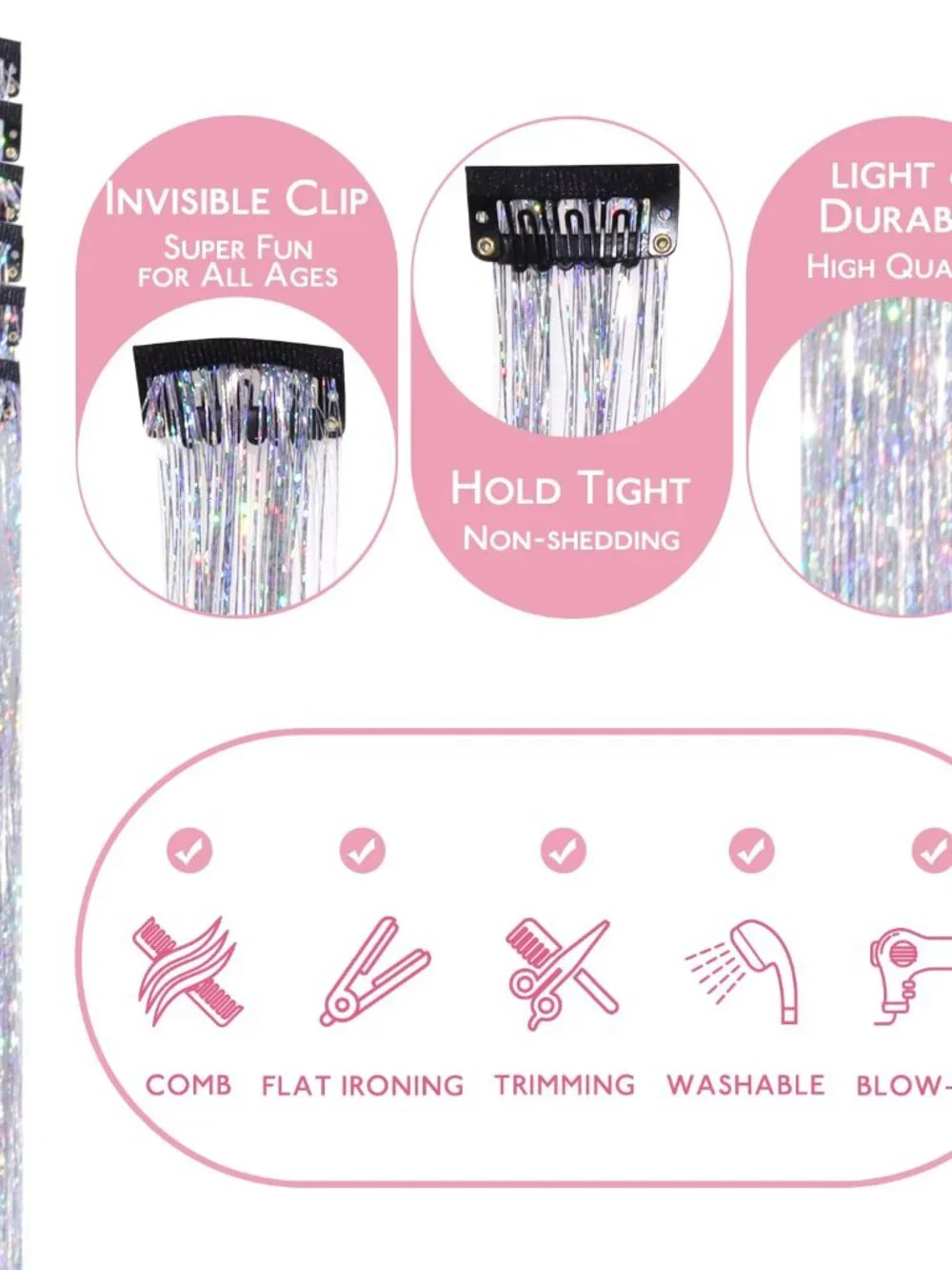 Hair Tinsel Clip In for Girls Silver, 6pcs 24 inch Clips Tinsel Hair Extensions